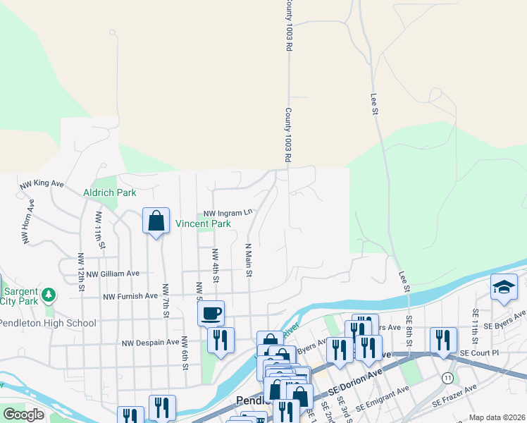 map of restaurants, bars, coffee shops, grocery stores, and more near 714 Northeast 2nd Street in Pendleton