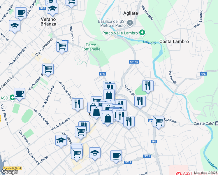 map of restaurants, bars, coffee shops, grocery stores, and more near 5 Via Giuseppe Garibaldi in Carate Brianza