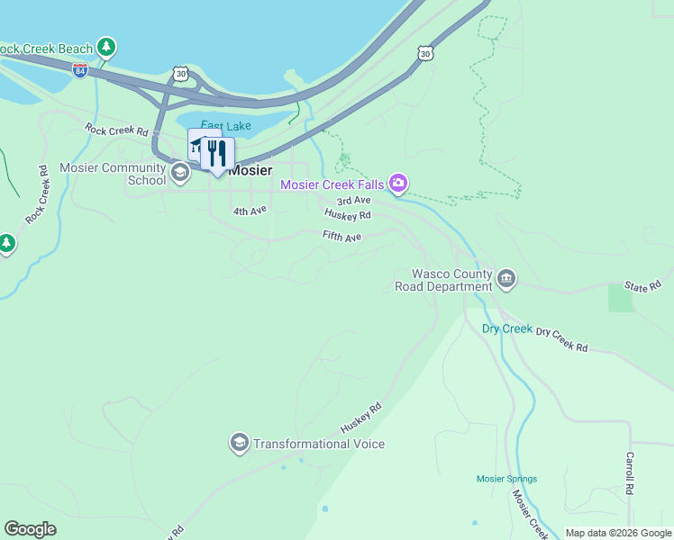 map of restaurants, bars, coffee shops, grocery stores, and more near 622 Syncline Way in Mosier