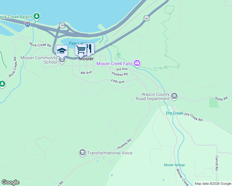 map of restaurants, bars, coffee shops, grocery stores, and more near 622 Syncline Way in Mosier