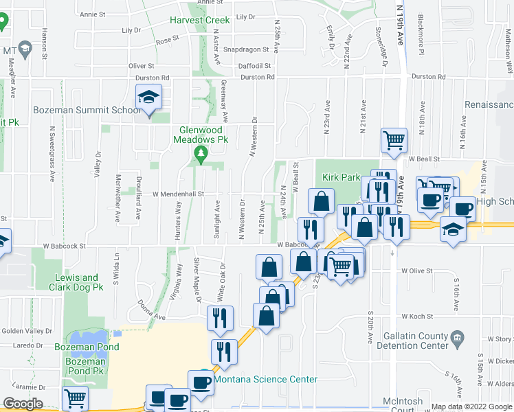 map of restaurants, bars, coffee shops, grocery stores, and more near 59 North 25th Avenue in Bozeman