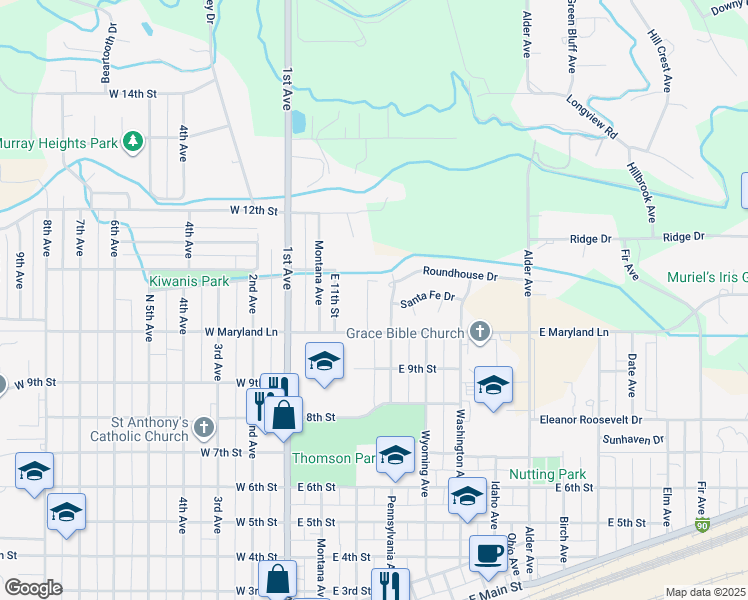 map of restaurants, bars, coffee shops, grocery stores, and more near 315 East Maryland Lane in Laurel