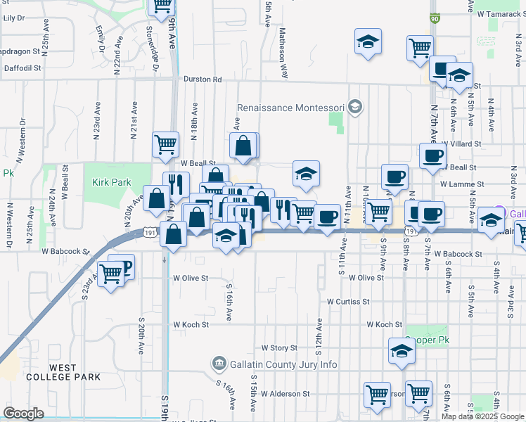 map of restaurants, bars, coffee shops, grocery stores, and more near 24 North 15th Avenue in Bozeman