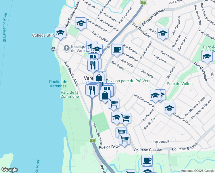map of restaurants, bars, coffee shops, grocery stores, and more near 2144 Rue Jacques -Lemoyne in Varennes