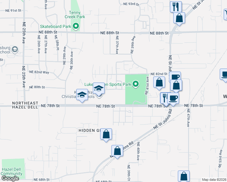 map of restaurants, bars, coffee shops, grocery stores, and more near 3607 Northeast 80th Street in Vancouver