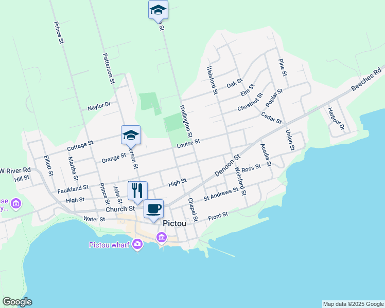 map of restaurants, bars, coffee shops, grocery stores, and more near 83 Faulkland Street in Pictou