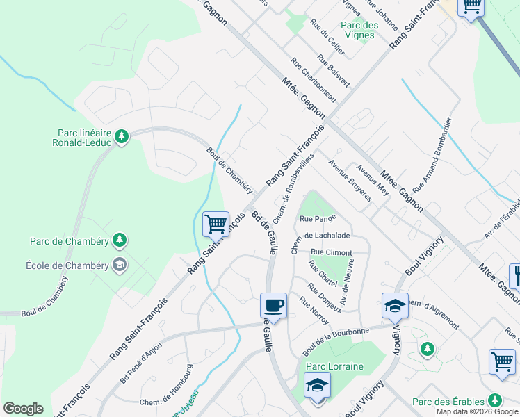map of restaurants, bars, coffee shops, grocery stores, and more near Boulevard de Gaulle in Lorraine
