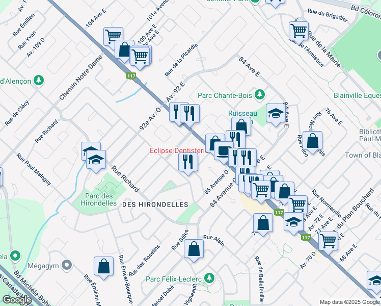 map of restaurants, bars, coffee shops, grocery stores, and more near 142 Rue Arthur Buies in Blainville