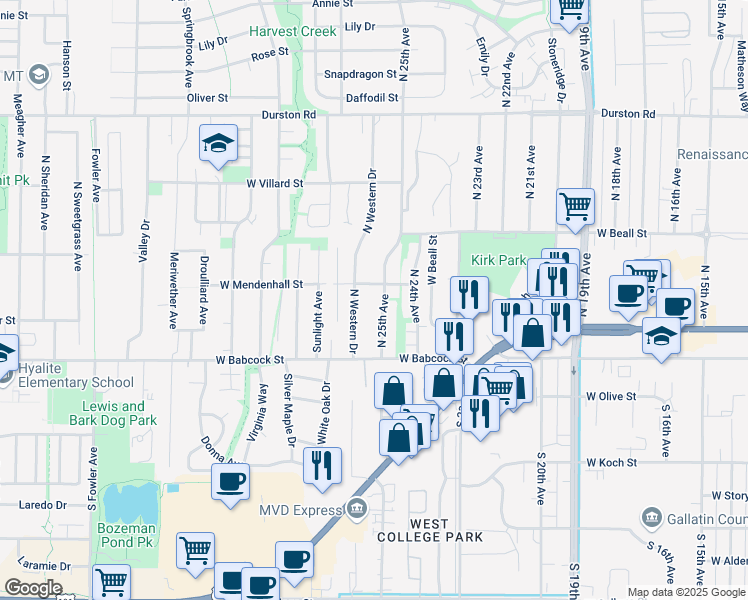 map of restaurants, bars, coffee shops, grocery stores, and more near 38 North 25th Avenue in Bozeman