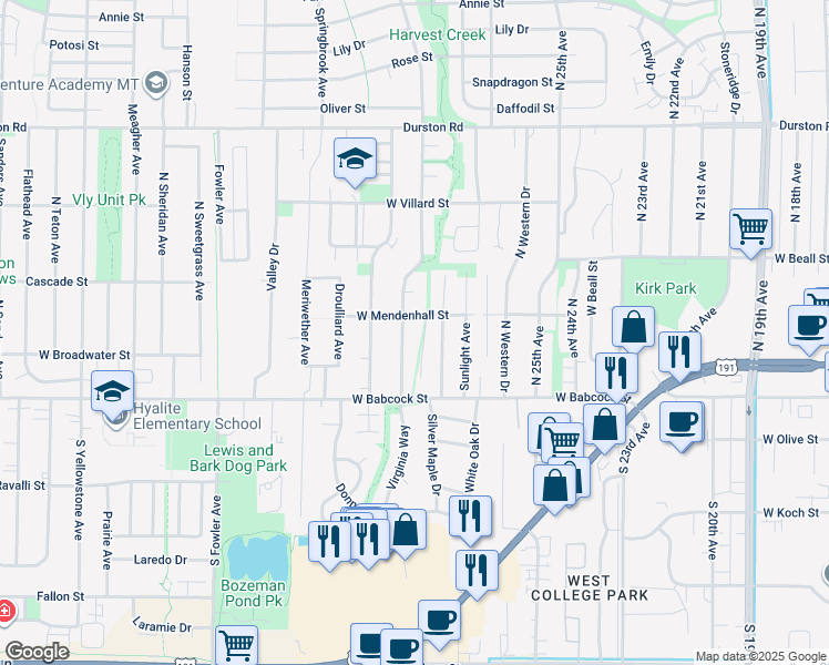 map of restaurants, bars, coffee shops, grocery stores, and more near 2-102 Meghans Way in Bozeman