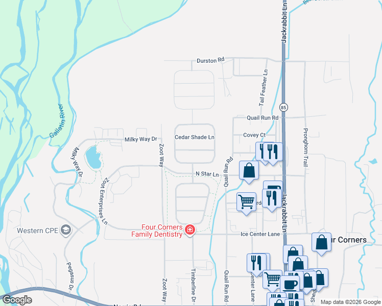 map of restaurants, bars, coffee shops, grocery stores, and more near 328 Timberline Drive in Bozeman