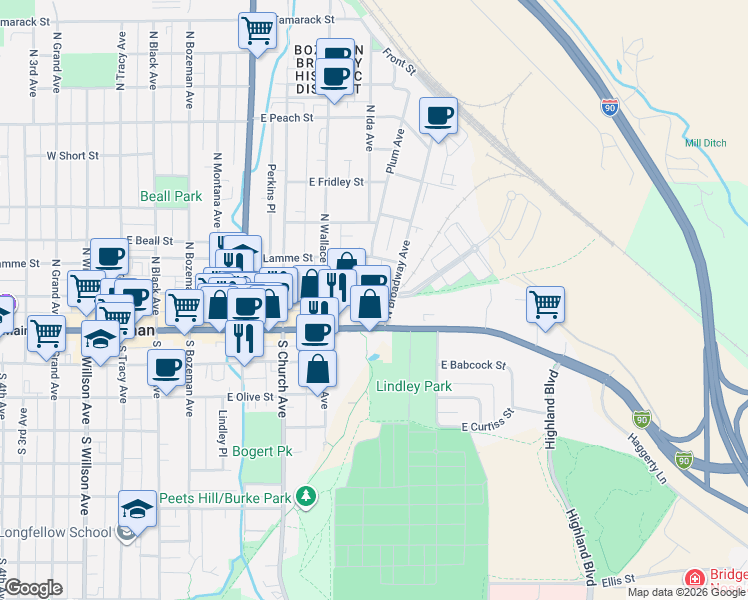 map of restaurants, bars, coffee shops, grocery stores, and more near 777 East Main Street in Bozeman
