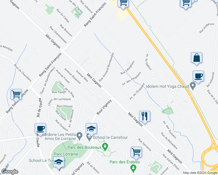 map of restaurants, bars, coffee shops, grocery stores, and more near 2 Place des Lilas in Terrebonne
