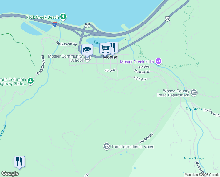 map of restaurants, bars, coffee shops, grocery stores, and more near Asher Street in Mosier