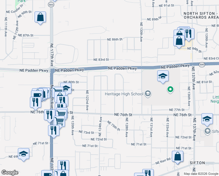 map of restaurants, bars, coffee shops, grocery stores, and more near 7905 Northeast 125th Avenue in Vancouver