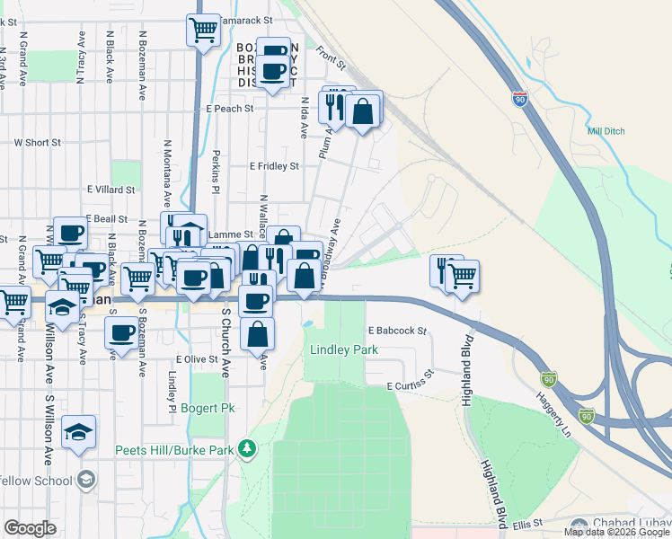 map of restaurants, bars, coffee shops, grocery stores, and more near 111 North Broadway Avenue in Bozeman