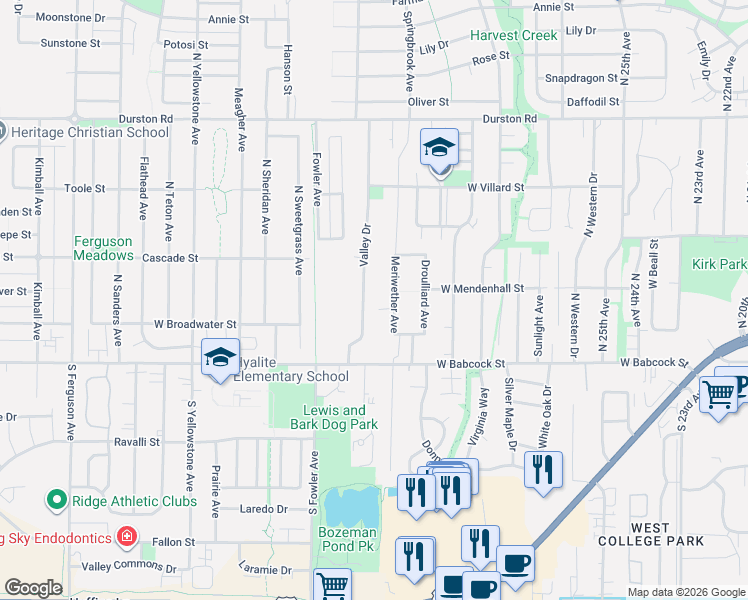 map of restaurants, bars, coffee shops, grocery stores, and more near 110 Valley Drive in Bozeman