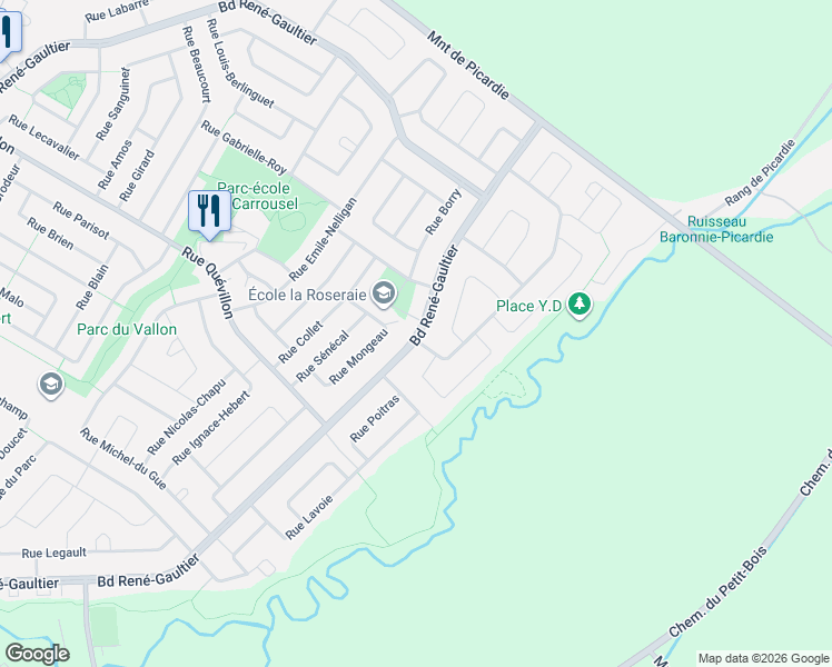map of restaurants, bars, coffee shops, grocery stores, and more near 1549 Boulevard René-Gaultier in Varennes