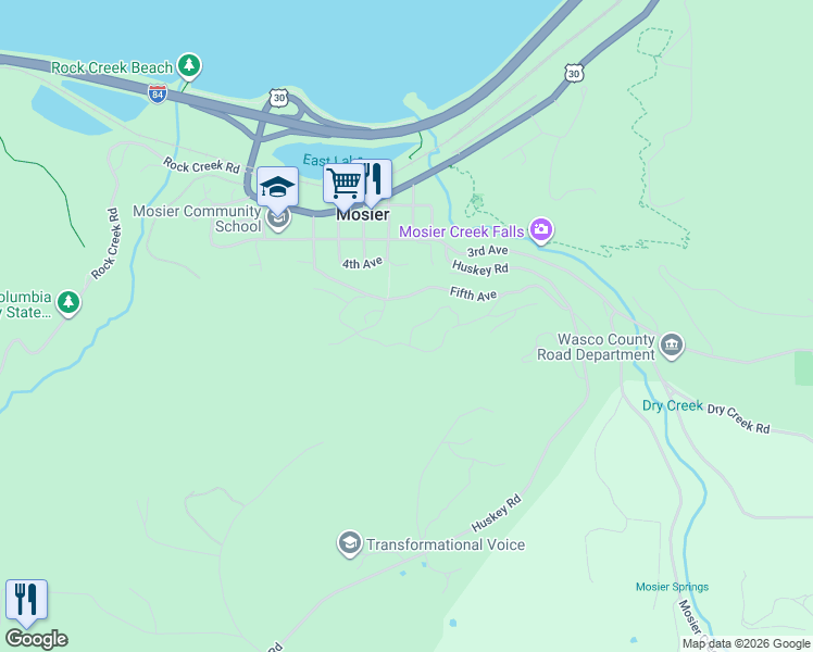 map of restaurants, bars, coffee shops, grocery stores, and more near 403 Oregon Street in Mosier