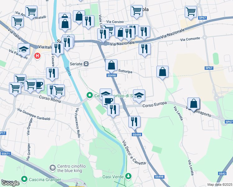 map of restaurants, bars, coffee shops, grocery stores, and more near 51C Via Guglielmo Marconi in Seriate