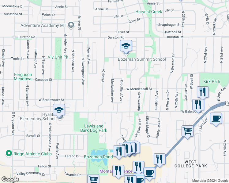 map of restaurants, bars, coffee shops, grocery stores, and more near 82 Meriwether Avenue in Bozeman