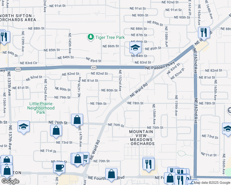 map of restaurants, bars, coffee shops, grocery stores, and more near 8009 Northeast 151st Court in Vancouver