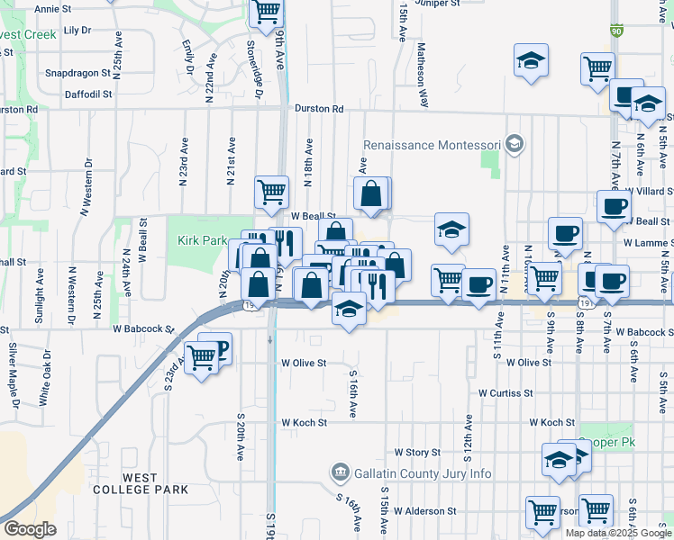 map of restaurants, bars, coffee shops, grocery stores, and more near 120 North 19th Avenue in Bozeman