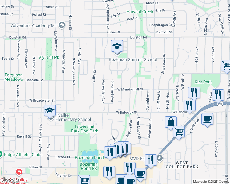 map of restaurants, bars, coffee shops, grocery stores, and more near 88 Droulliard Avenue in Bozeman