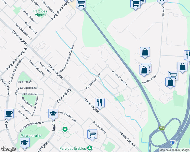 map of restaurants, bars, coffee shops, grocery stores, and more near 381 Avenue des Bois-Francs in Bois-des-Filion