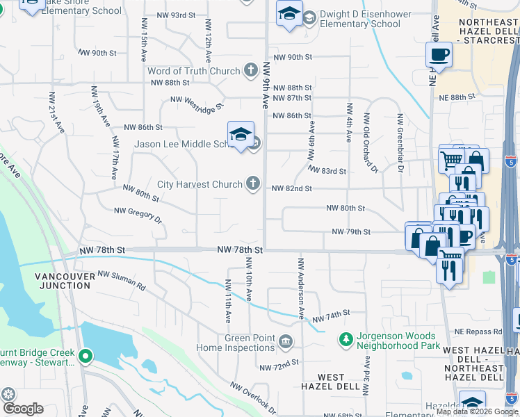 map of restaurants, bars, coffee shops, grocery stores, and more near 8100 Northwest 9th Avenue in Vancouver