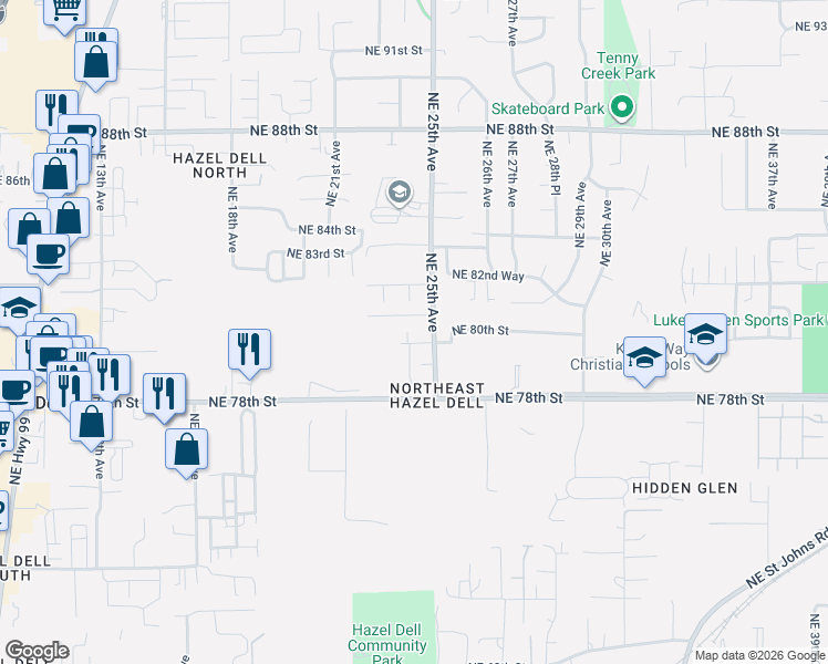 map of restaurants, bars, coffee shops, grocery stores, and more near 2318 Northeast 80th Street in Vancouver