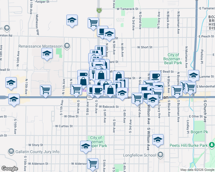 map of restaurants, bars, coffee shops, grocery stores, and more near 602 W Lamme St in Bozeman