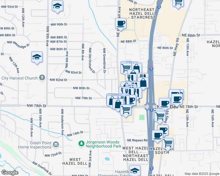 map of restaurants, bars, coffee shops, grocery stores, and more near 8105 Northwest 1st Avenue in Vancouver