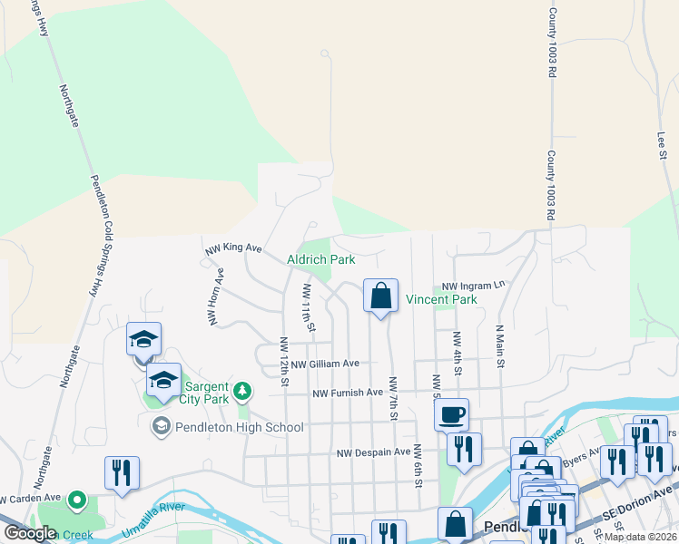 map of restaurants, bars, coffee shops, grocery stores, and more near 822 Northwest 8th Street in Pendleton