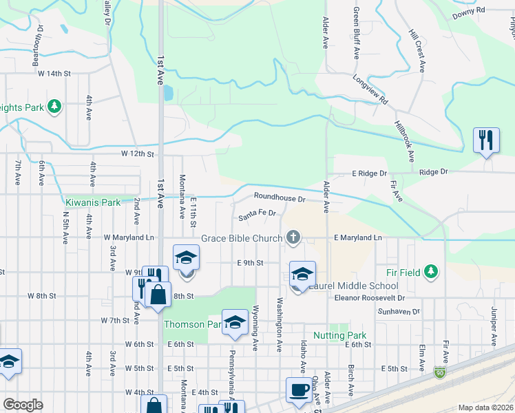map of restaurants, bars, coffee shops, grocery stores, and more near 503-505 Roundhouse Drive in Laurel