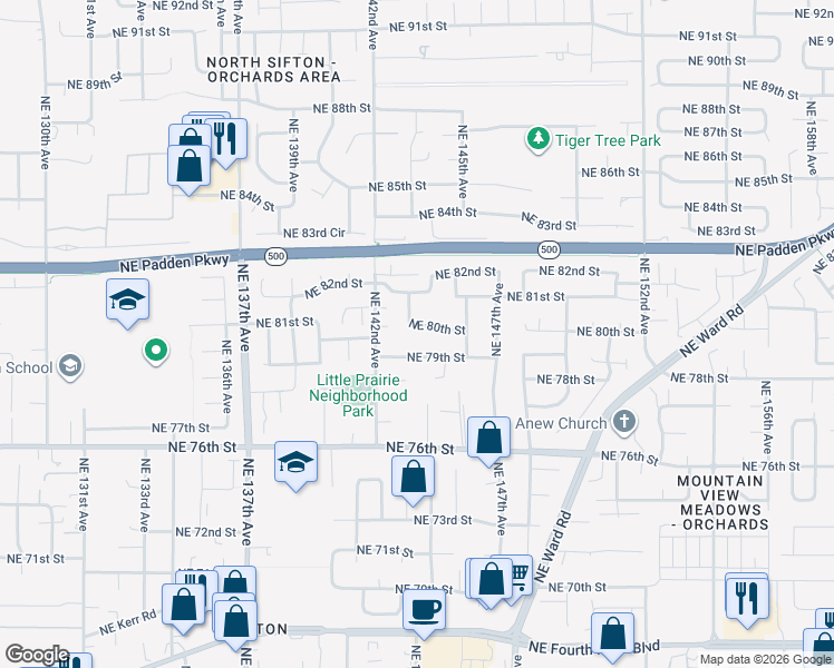 map of restaurants, bars, coffee shops, grocery stores, and more near 14305 Northeast 80th Street in Vancouver