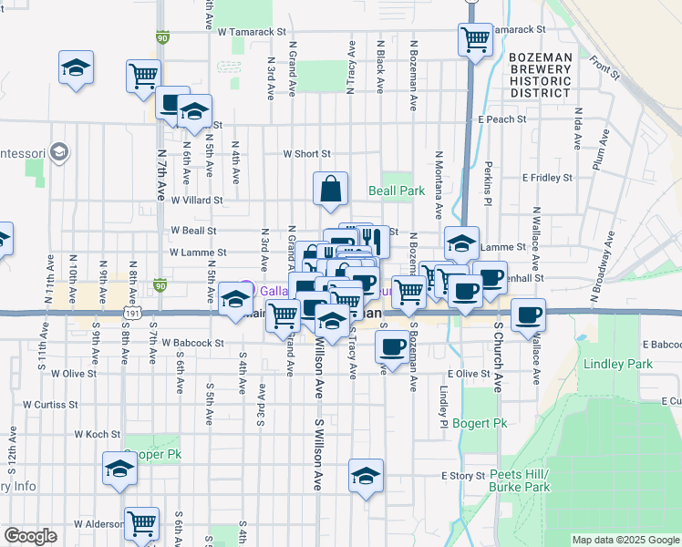 map of restaurants, bars, coffee shops, grocery stores, and more near 5 West Mendenhall Street in Bozeman