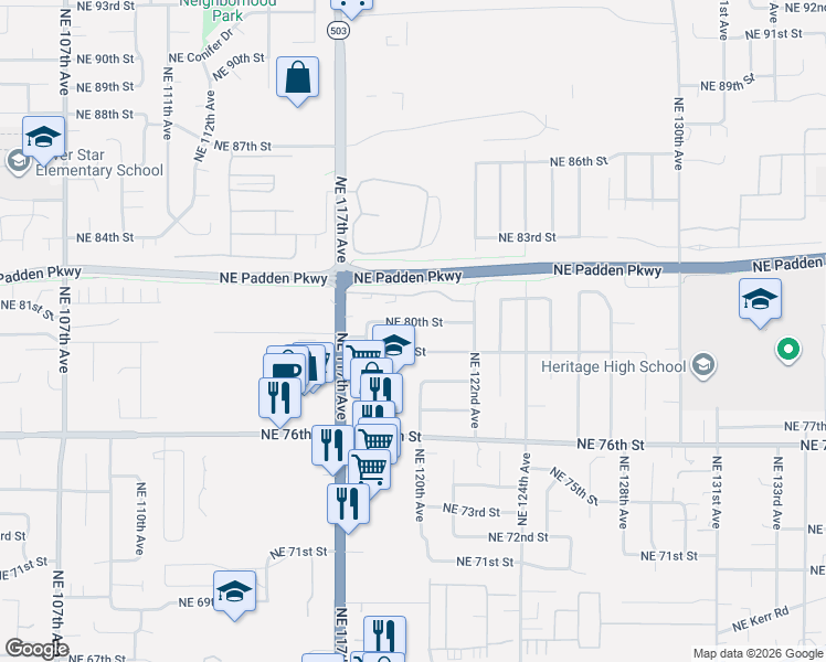map of restaurants, bars, coffee shops, grocery stores, and more near 11918 Northeast 80th Street in Vancouver