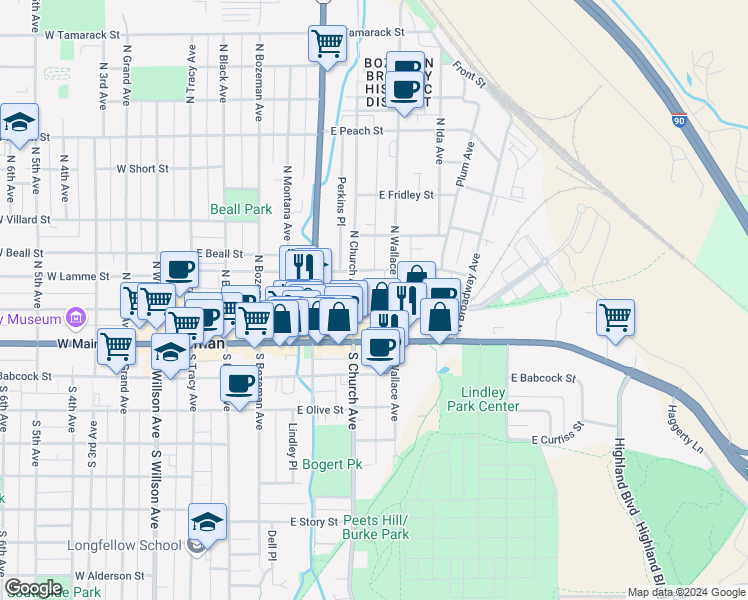 map of restaurants, bars, coffee shops, grocery stores, and more near 104 North Church Avenue in Bozeman