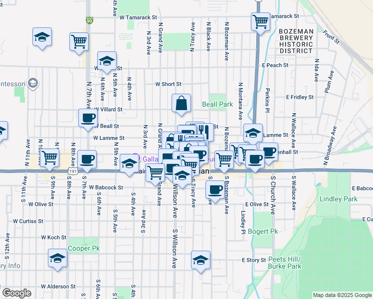 map of restaurants, bars, coffee shops, grocery stores, and more near 5 West Mendenhall Street in Bozeman