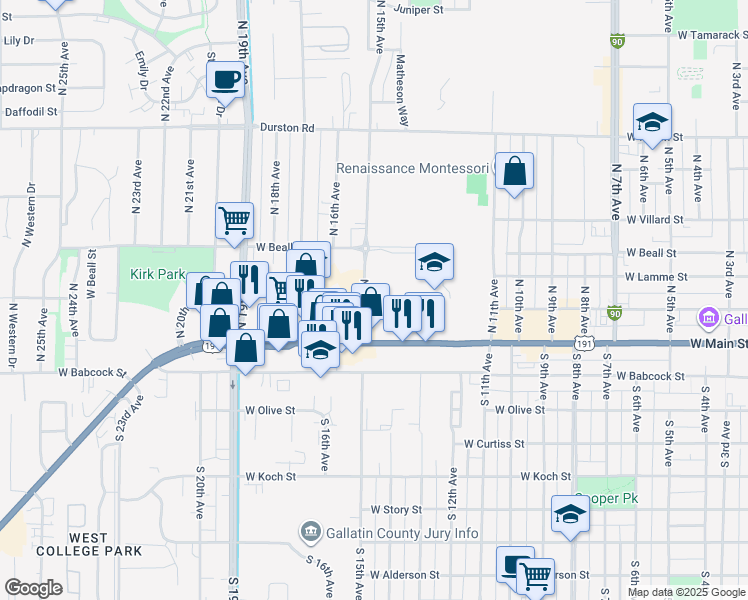 map of restaurants, bars, coffee shops, grocery stores, and more near 1-299 North 15th Avenue in Bozeman