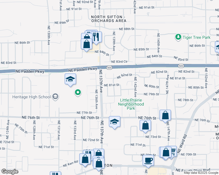map of restaurants, bars, coffee shops, grocery stores, and more near 13804 Northeast 81st Street in Vancouver