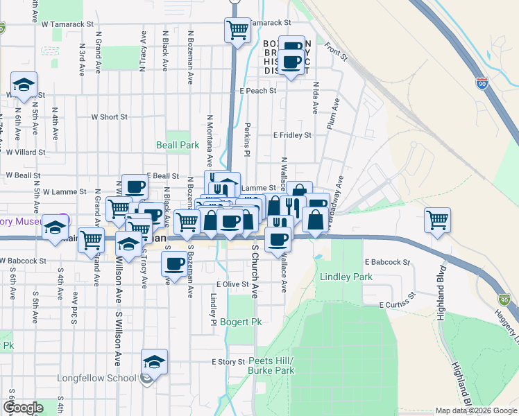 map of restaurants, bars, coffee shops, grocery stores, and more near 104 North Church Avenue in Bozeman
