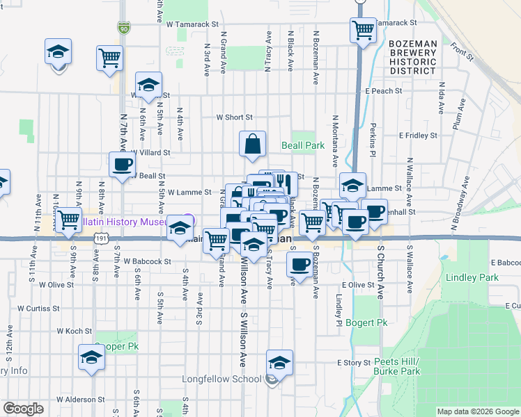 map of restaurants, bars, coffee shops, grocery stores, and more near 5 West Mendenhall Street in Bozeman