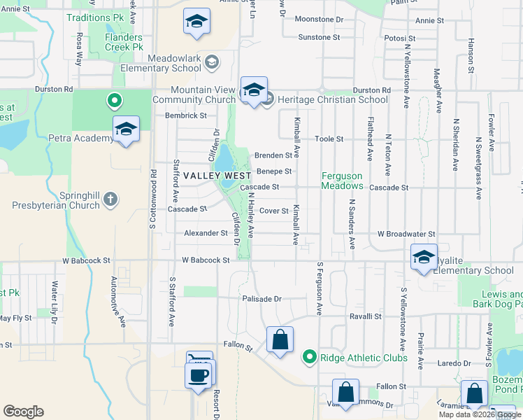 map of restaurants, bars, coffee shops, grocery stores, and more near 202 North Hanley Avenue in Bozeman