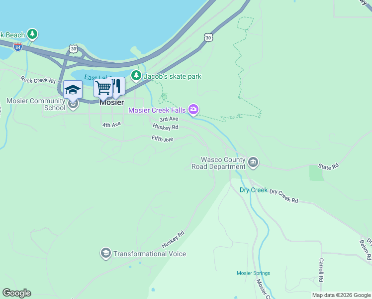map of restaurants, bars, coffee shops, grocery stores, and more near 400 Maya Way in Mosier