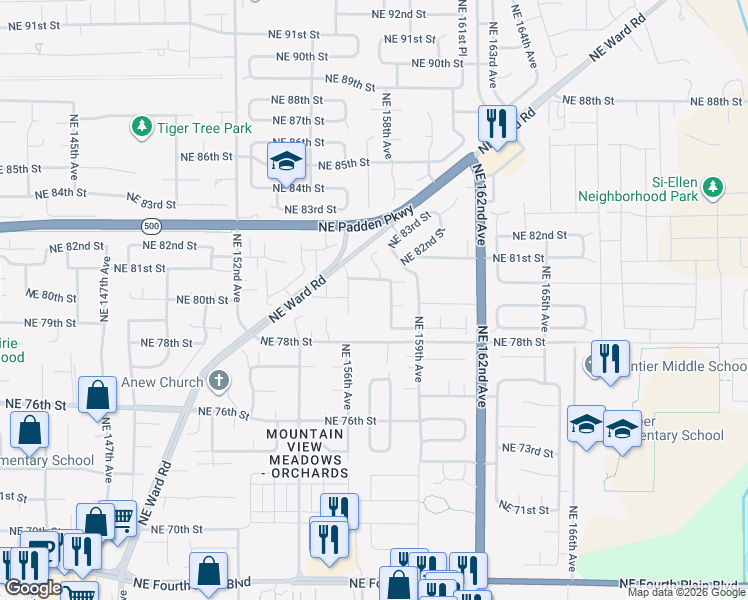 map of restaurants, bars, coffee shops, grocery stores, and more near 7905 Northeast 156th Place in Vancouver