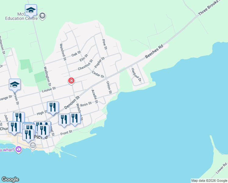 map of restaurants, bars, coffee shops, grocery stores, and more near 20 Union Street in Pictou