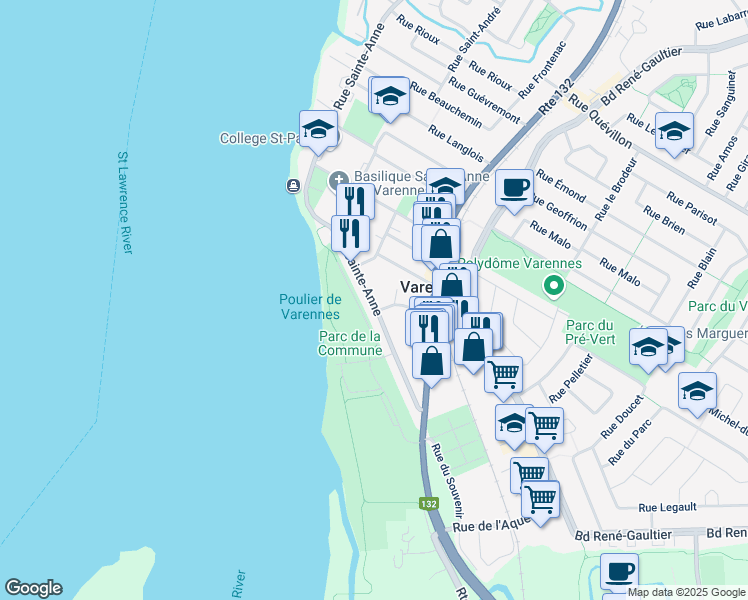map of restaurants, bars, coffee shops, grocery stores, and more near 105 Rue Sainte Anne in Varennes