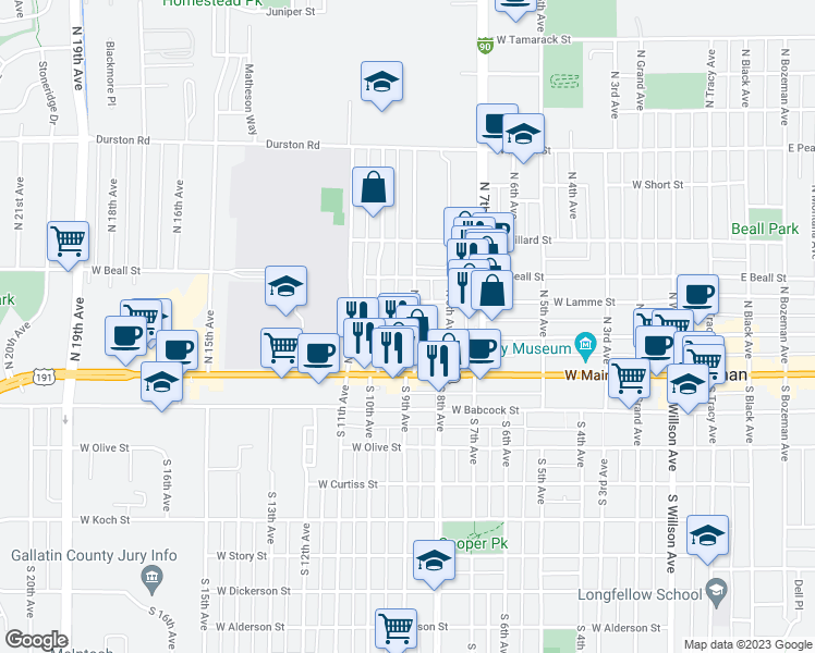 map of restaurants, bars, coffee shops, grocery stores, and more near 105 North 9th Avenue in Bozeman